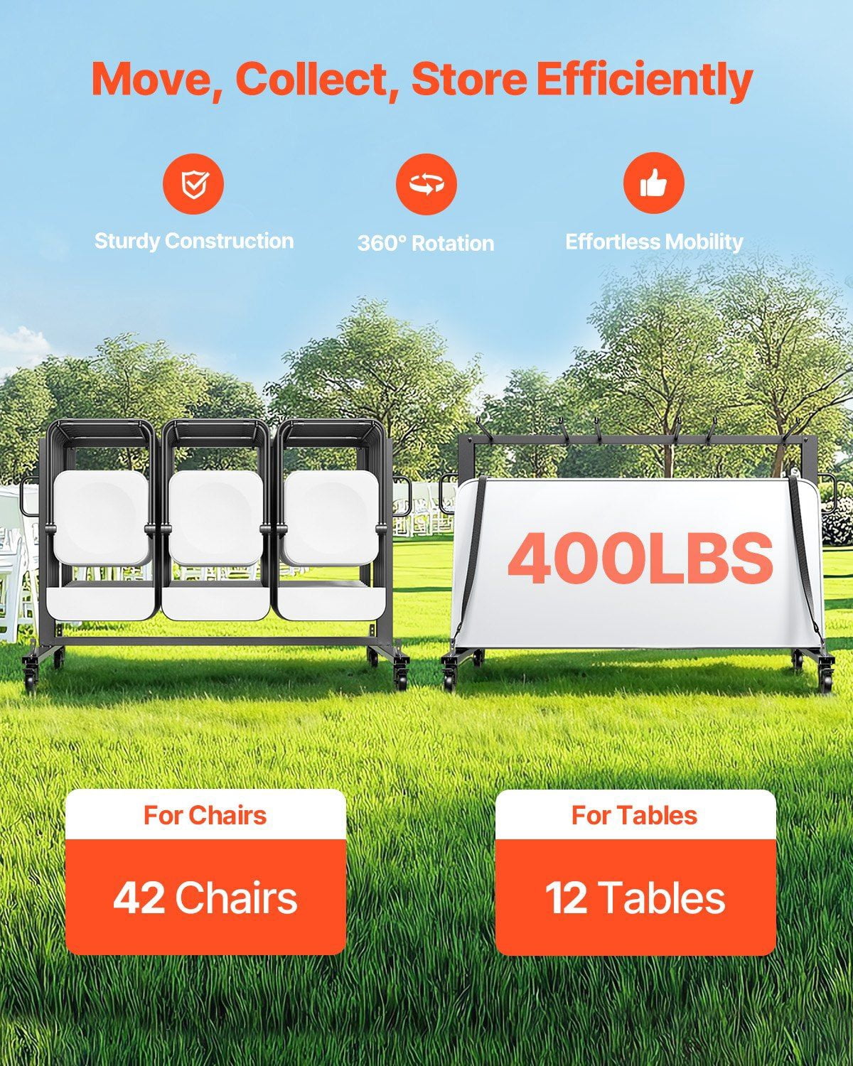 Easy-Move Chair and Table Dolly with Wheels - Supports 400lbs, Holds 42 Folding Chairs or 12 Tables
