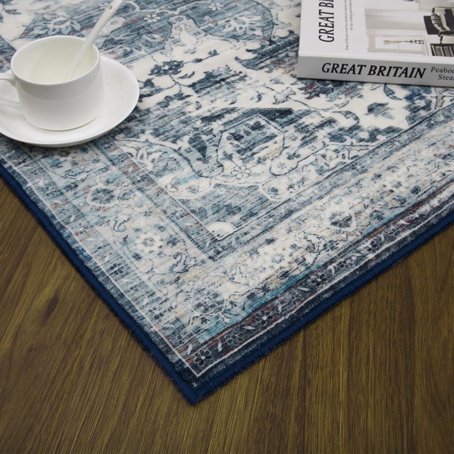 Washable Vintage Area Rug Runner - Non-Slip, Low-Pile Carpet for Living Room, Bedroom, Dining Room, Hallway, Kitchen, Soft Distressed Oriental Floral, Versatile for Home Decor - Colors: Gray/Tan/Blue