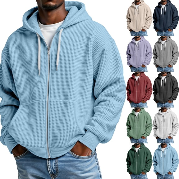 jiaxiM Waffle Knit Hoodies for Men Zip Up Hooded Sweatshirt with Kangaroo Pocket Lightweight Loose Fit Athletic Jackets