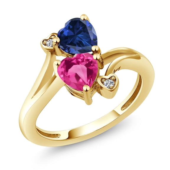 Gem Stone King 18K Yellow Gold Plated Silver Blue Created Sapphire Pink Created Sapphire and White Lab Grown Diamond Ring for Women (1.63 Cttw, Heart Shape 6MM, Gemstone Birthstone, Size 8)