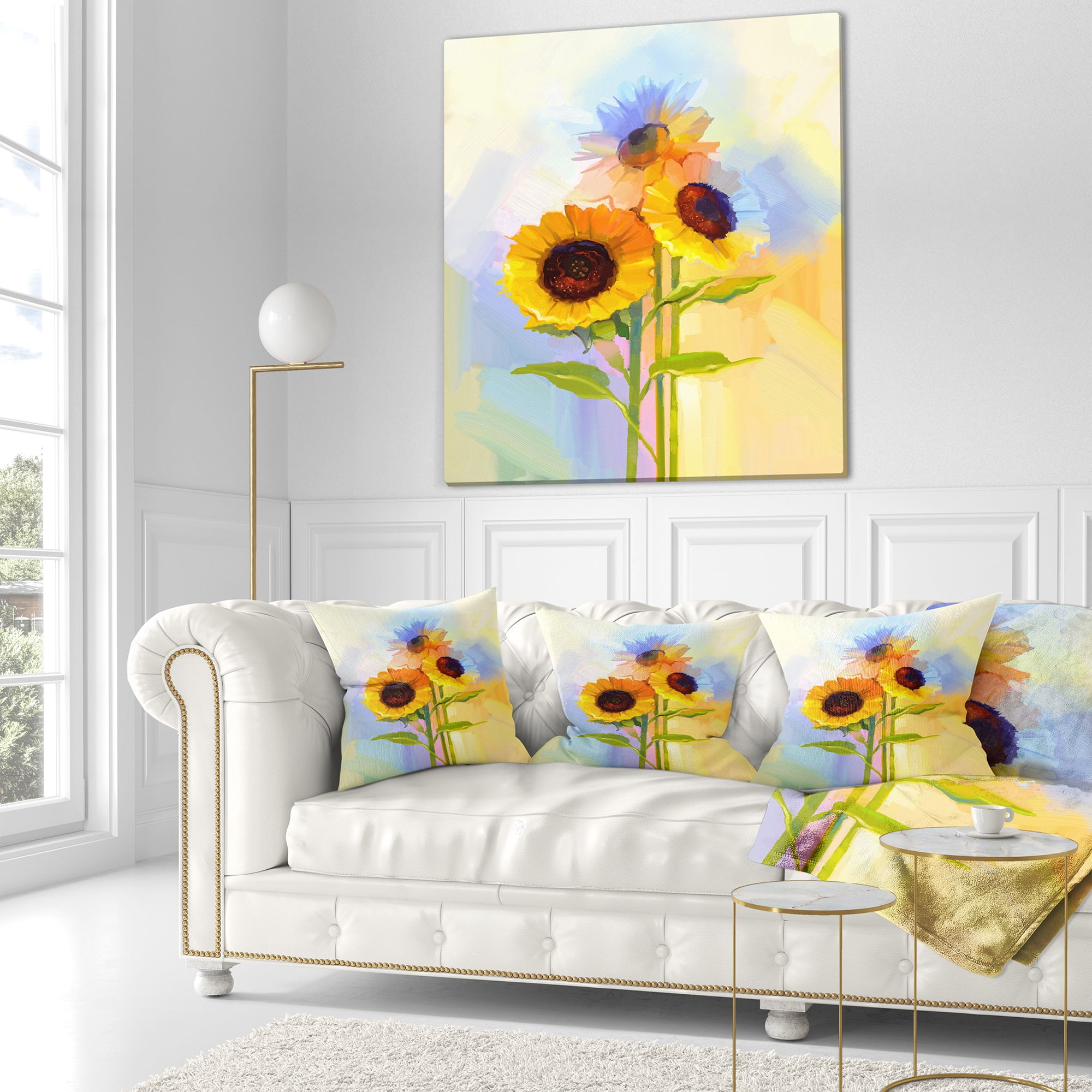 Designart Yellow Sunflowers with Green Leaves - Floral Throw Pillow - 18x18
