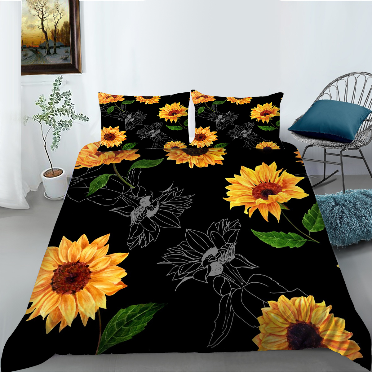 Bedspreads Bedding Cover Set Unique Design 3D Sunflower Printed Bedclothes Home Decor,King(90