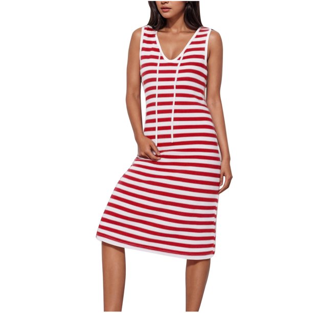 Vestido de Malla para Mujeres Sexy, Moda Raya Impresión Cuello en V Encaje sin Mangas Ventilación Delgado Ajuste para Ocasional Y Fiesta