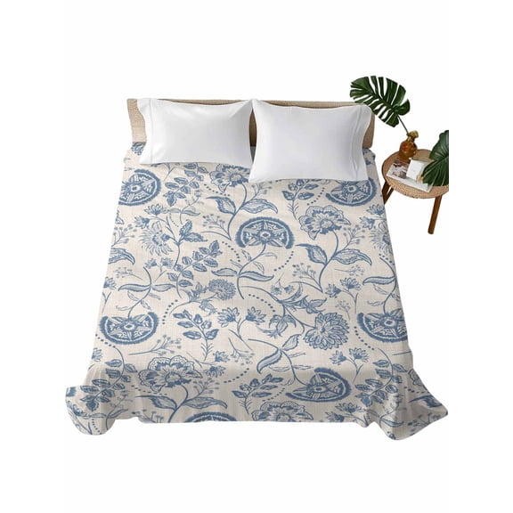Full Size Flat Sheet Only, Blue Paisley Soft Brushed Microfiber Bed Sheets, Vintage Boho Flower Botanical Leaf Branch Hotel Quality Breathable Bedding Top Sheet, Easy Care, 81"x96"