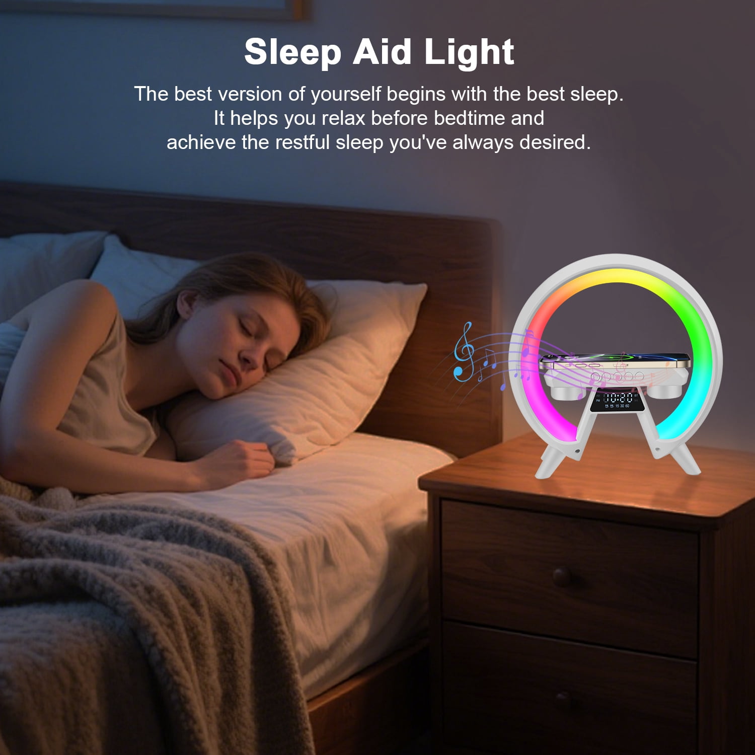 Alarm Clock, 4 in 1 Digital Alarm Clock with Wireless Charger&RGB Dimmable Night Light&Bluetooth Speaker&FM Radio, Electric Clock Digital Clock Small Clocks Desk Clock W/ LED Display for Bedroom