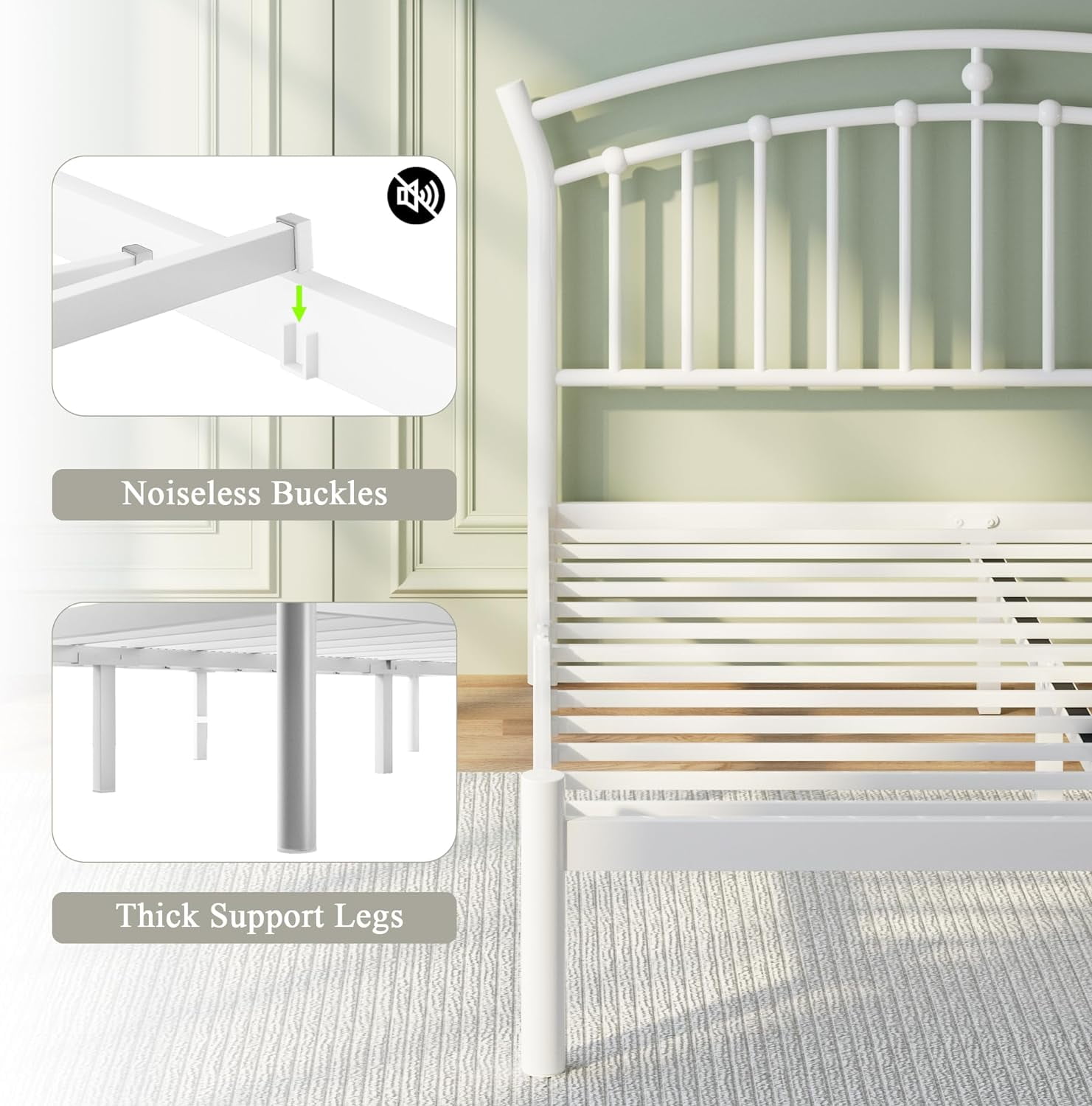 Laisnet Full Size Bed Frame with Headboard & Footboard, Noise-Free & Under-Bed Storage, Vintage Victorian Metal Platform, White
