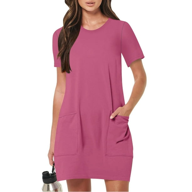 mfyjkho Vestidos de verano para mujer, Vestido de verano con bolsillos y cuello redondo y manga corta de color liso para mujer Vestidos de fiesta para mujer m