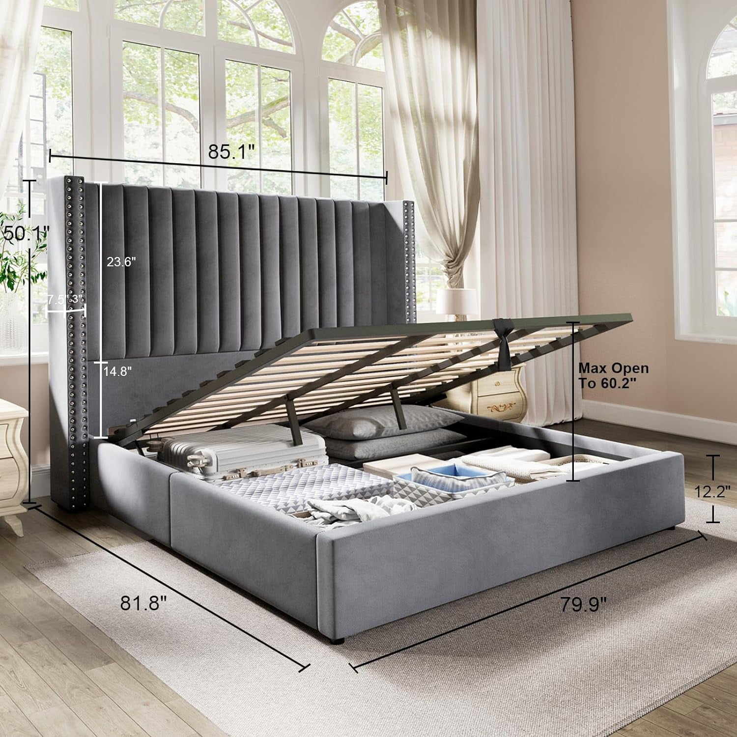 Merluxy King Bed Frame Lift Up Storage Bed, Velvet King Upholstered Bed Frame/Channel Tufted Wingback Headborad/No Box Spring Needed/Gray