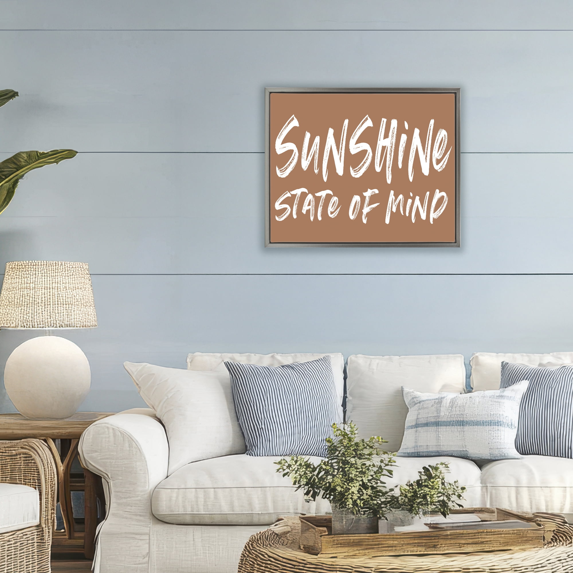 Summery Sunshine State Of Mind Gray Framed Floater Canvas Wall Art, design by Lettered and Lined
