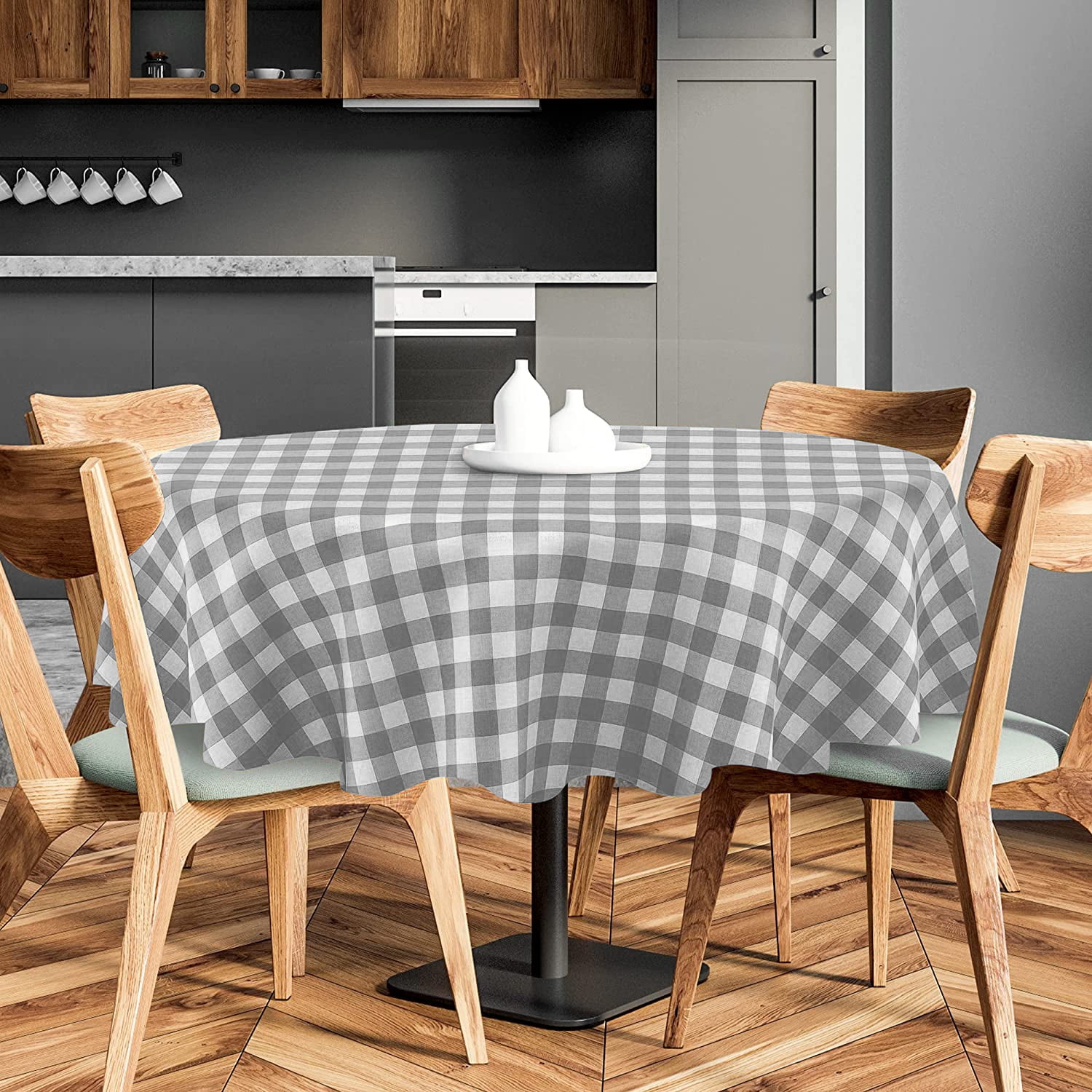 Sorfey Checkered Round Dining Table Cover Vinyl Table Cloth with Flannel, Gray 70" x 70