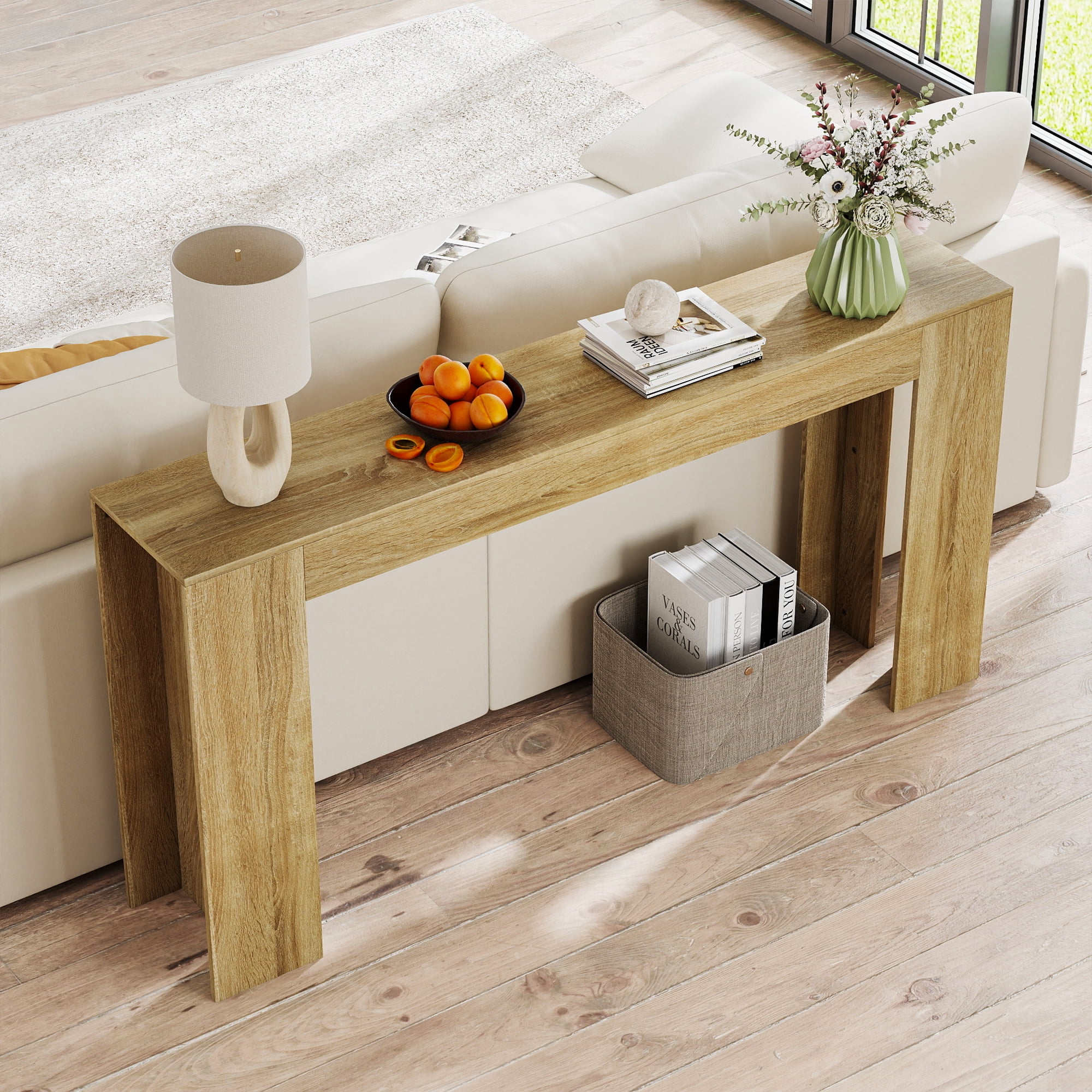 Domi Bonn Modern Oak Console Table, Extra-Long 62.99” Slim Profile with Waterproof Easy-Clean Finish, Sturdy Versatile for Entryway, Living Room