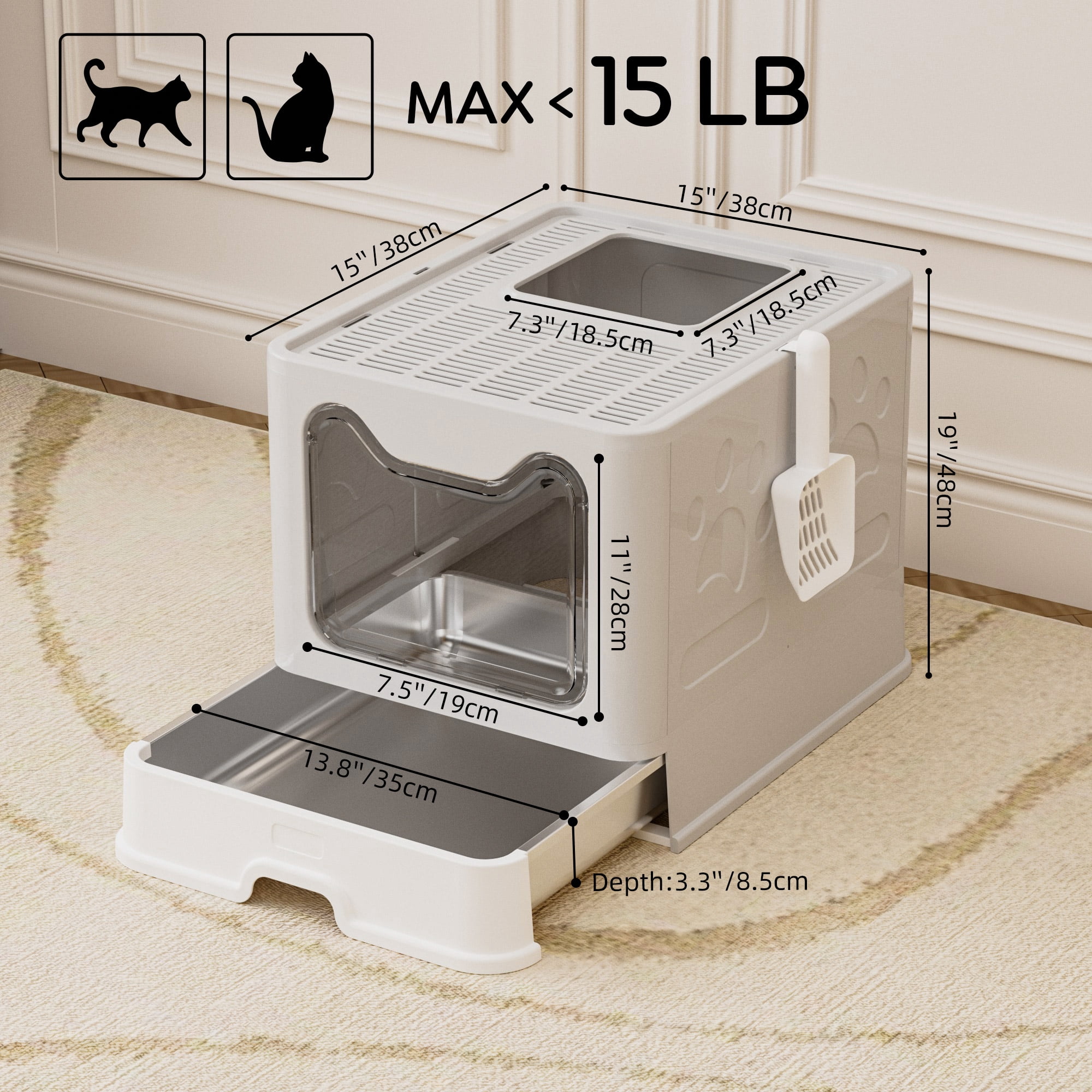 Enclosed Cat Litter Box with Lid & Stainless Steel Drawer Design for Indoor All Lifestyles Cats with Litter Scoop