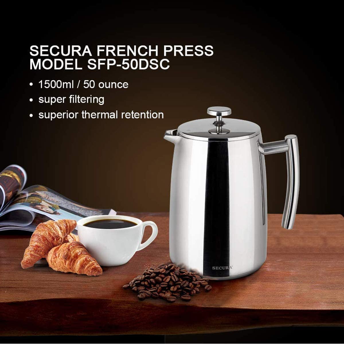 EzDtach 34 oz French Press Coffee Maker---Chrome