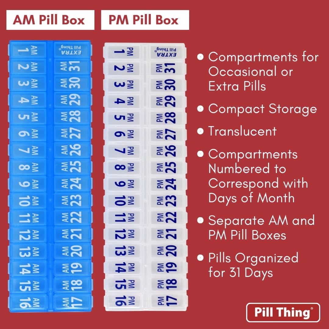 Twice-a-Day Monthly Pill Box Planner Set - AM & PM Medication Organizer for 31 Days (Clear/Blue)