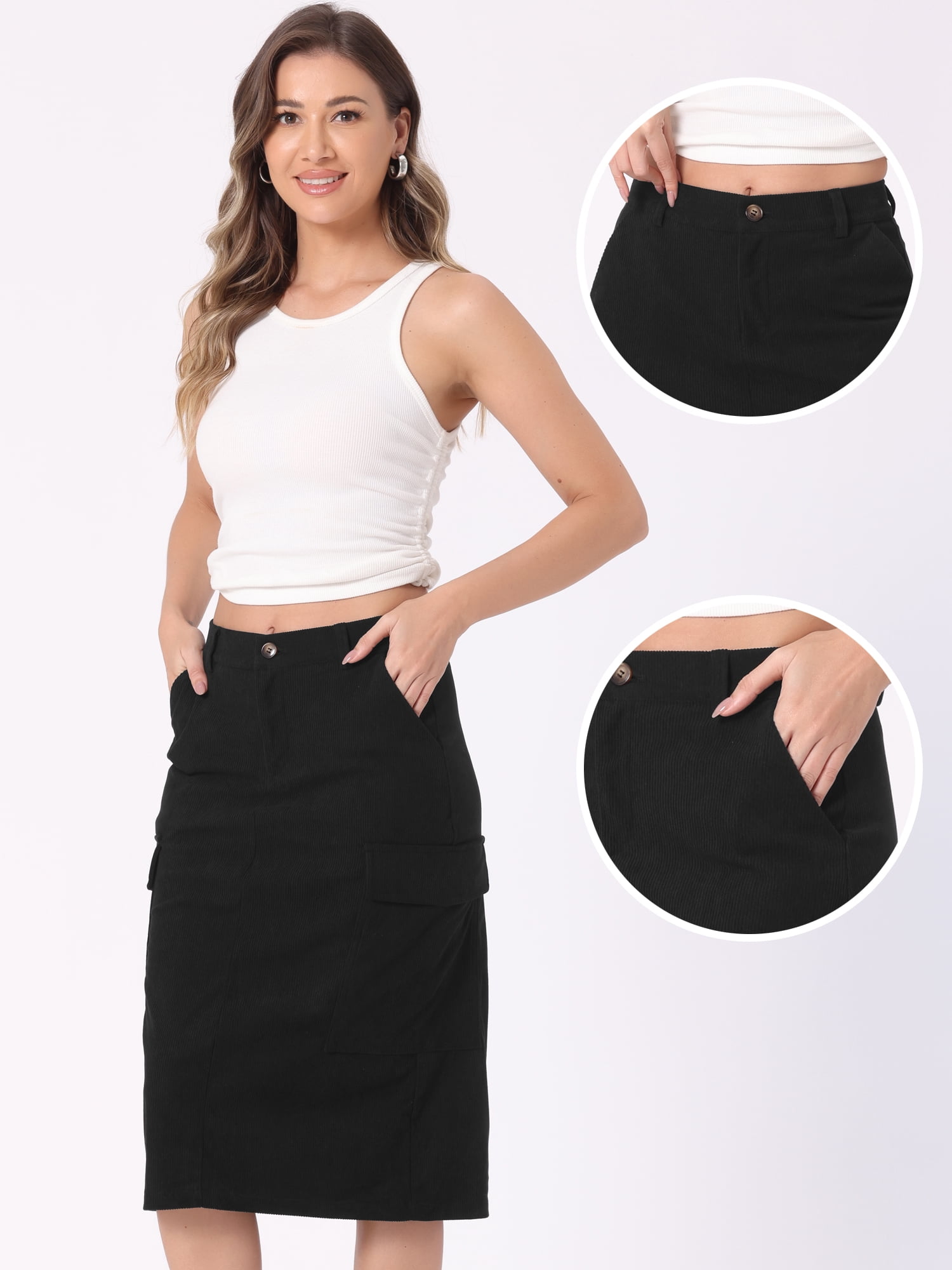 DARING DIVA Corduroy Cargo Skirts for Women's Elastic Back Midi Skirt M Black