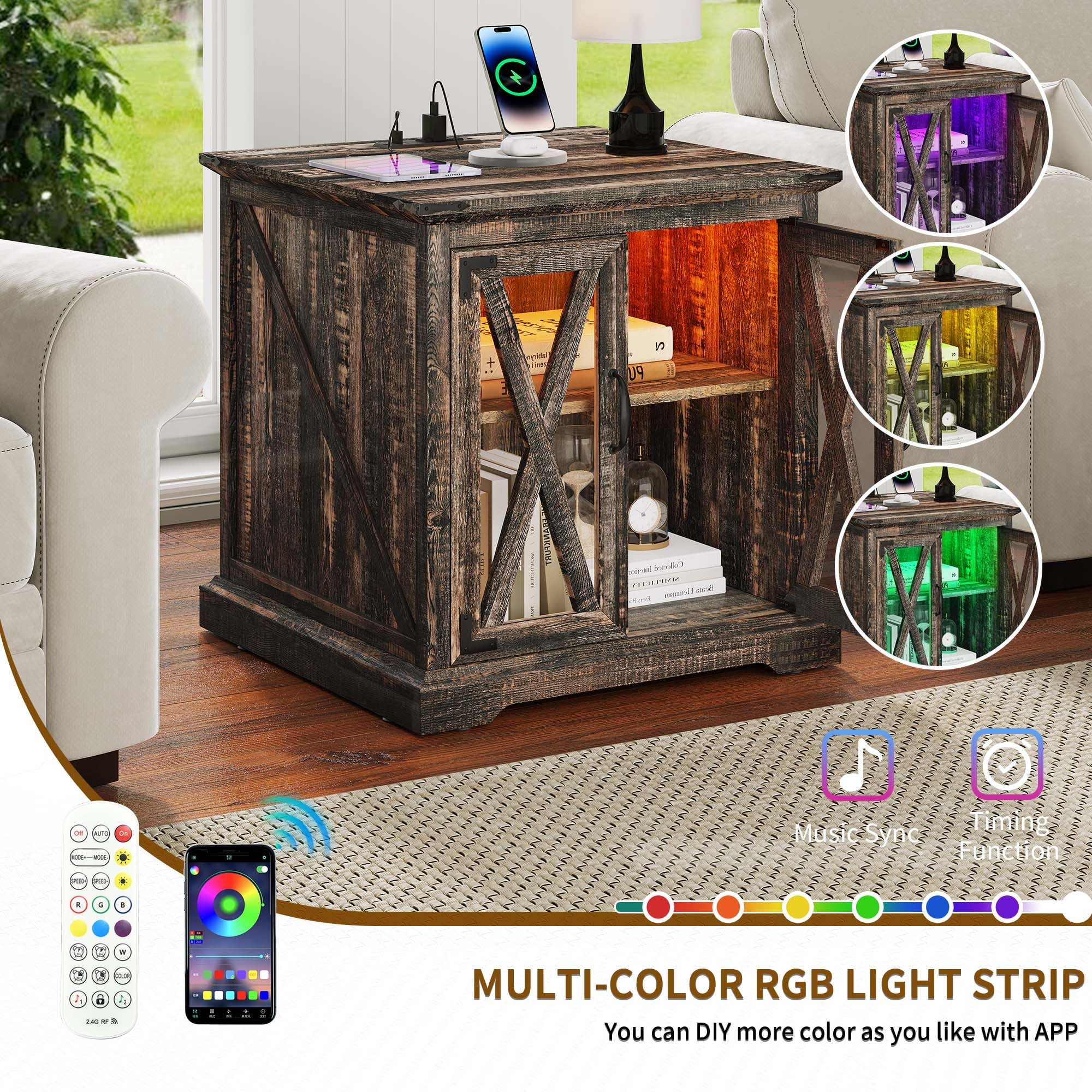 Uforic Farmhouse End Table with Power Outlets, Side Table Nightstand with LED Lights & Doors, Oak
