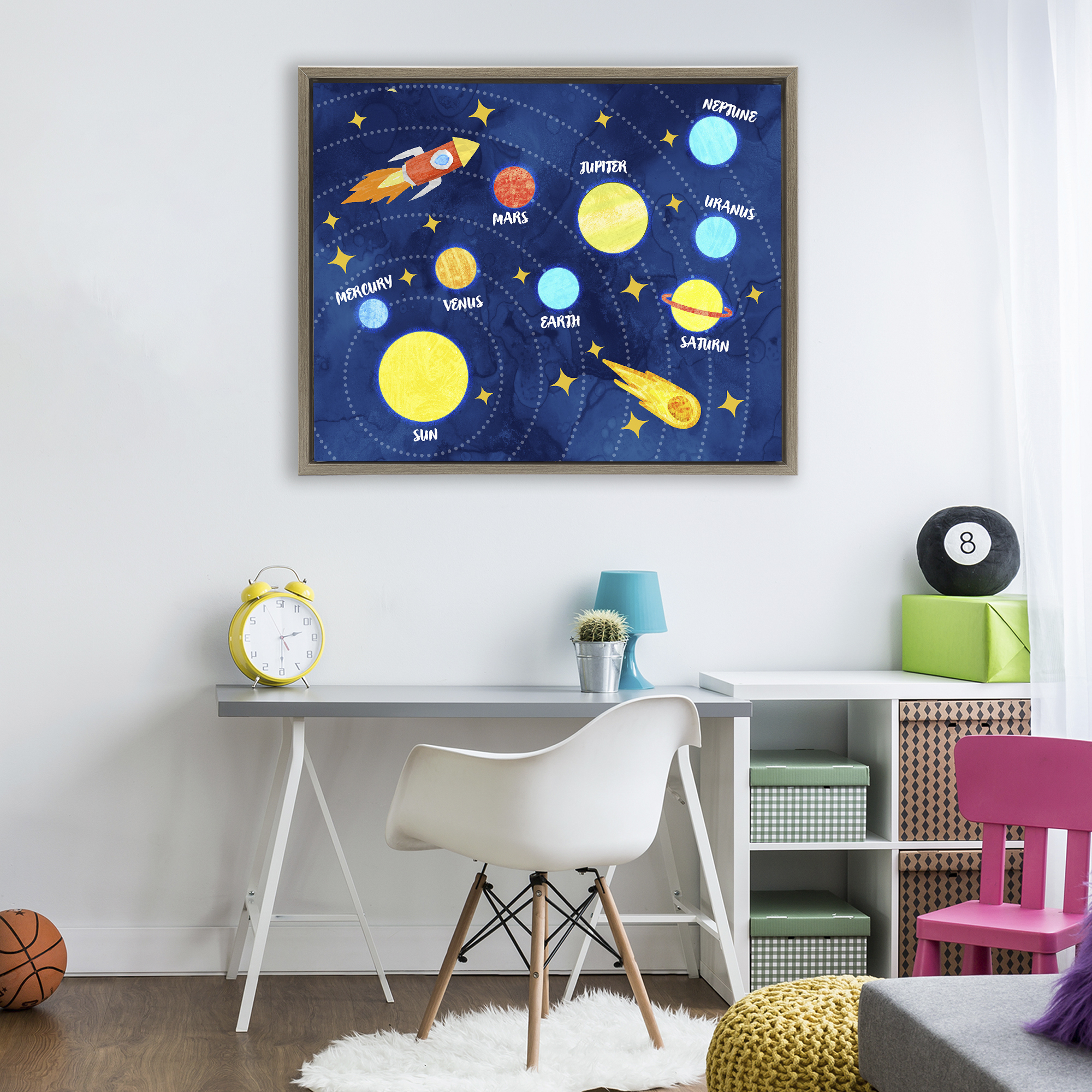 Rocket Across Solar System Brown Framed Floater Canvas Wall Art, design by Daphne Polselli