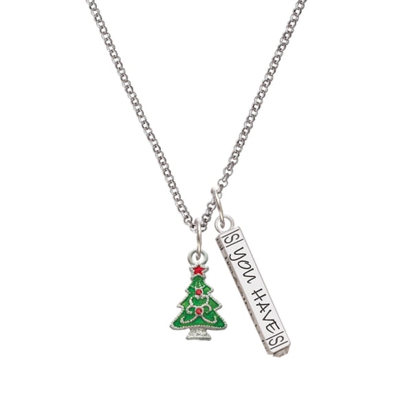 Delight Jewelry Silvertone Green Christmas Tree with Red Crystals Silvertone Live the Life You Have Imagined Bar Charm Necklace, 23"