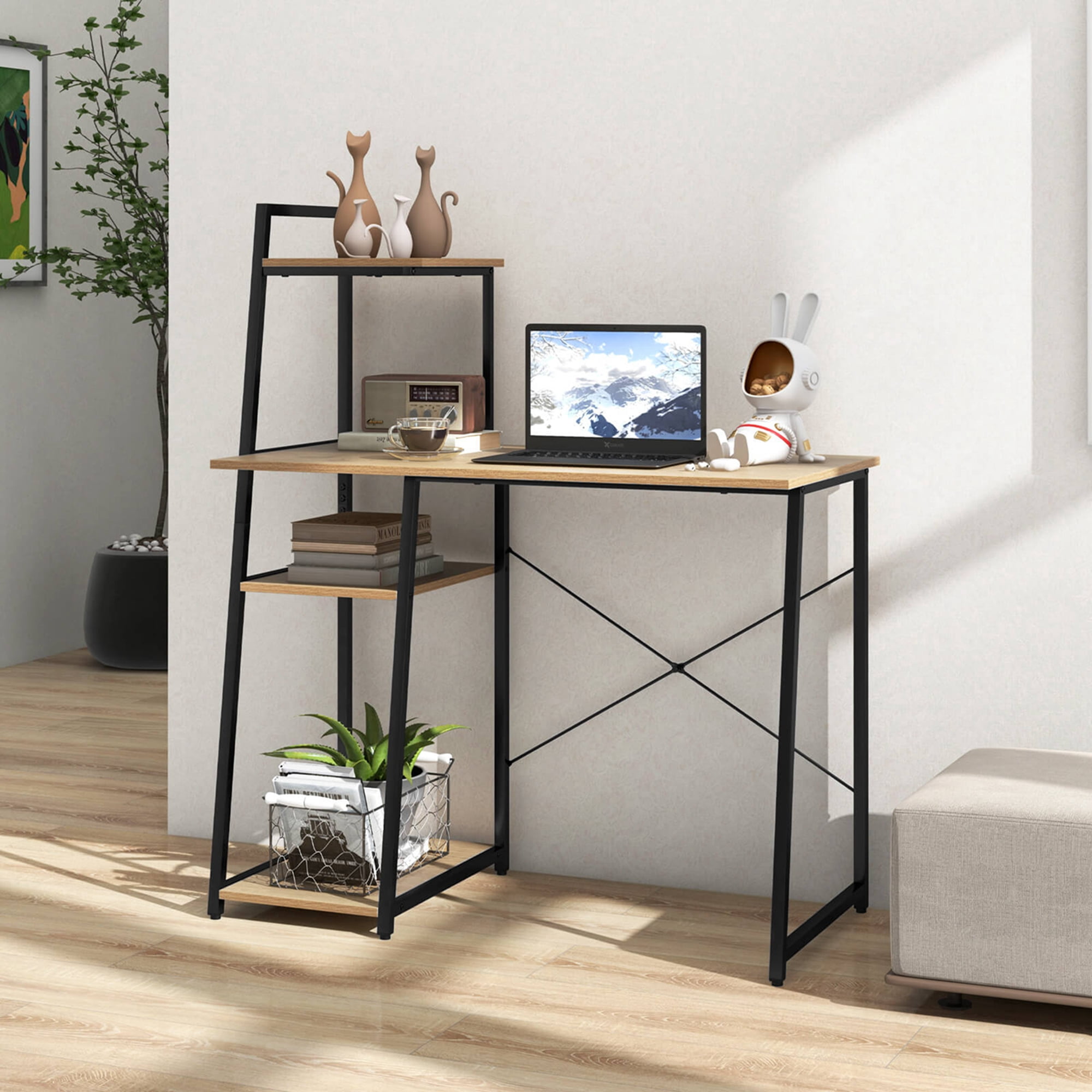 Costway Computer Desk with Shelves Study Writing Desk Workstation with Bookshelf Natural