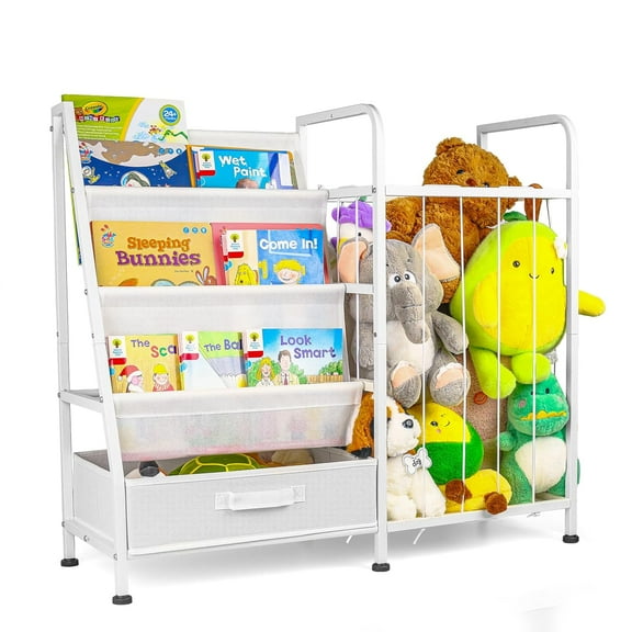 Kids’ Bookshelf & Stuffed Animal Storage – Large White 3-Tier Book Display Rack with Sling Shelves & Fabric Toy Chest | Toy Organizer for Playrooms, Bedrooms, Nurseries