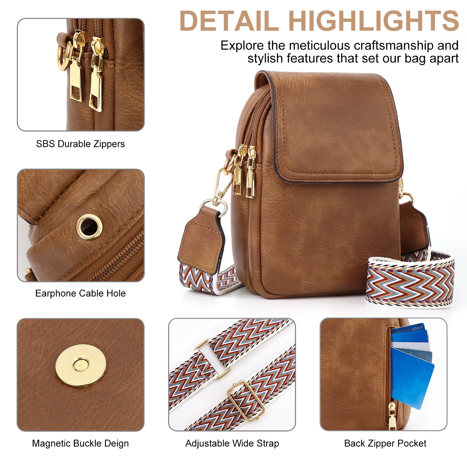 Crossbody Bags for Women, XUEYU Small Shoulder Handbags, Crossbody Purse for Women with Detachable & Adjustable Guitar Strap, Fashionable Shoulder Bag Double Compartment & Back Zipper Pocket, Brown