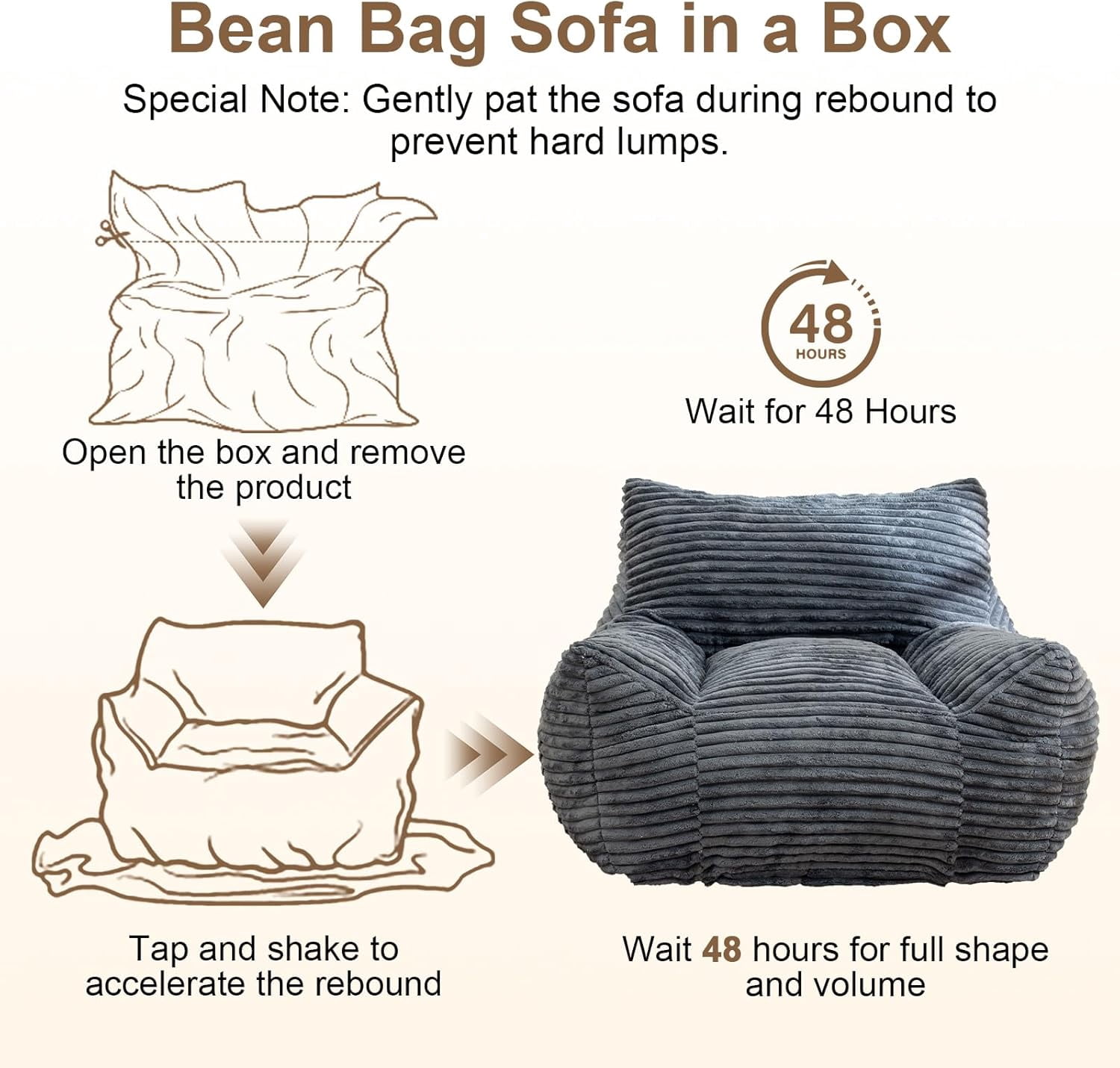 Ywen Bean Bag Chair for Adults & Kids, Giant Bean Bag Sofa with Side Pocket, Corduroy Beanbag Chair with Armrests, Comfy Stuffed Floor Sofa for Living Room Bedroom Dorm, Gray
