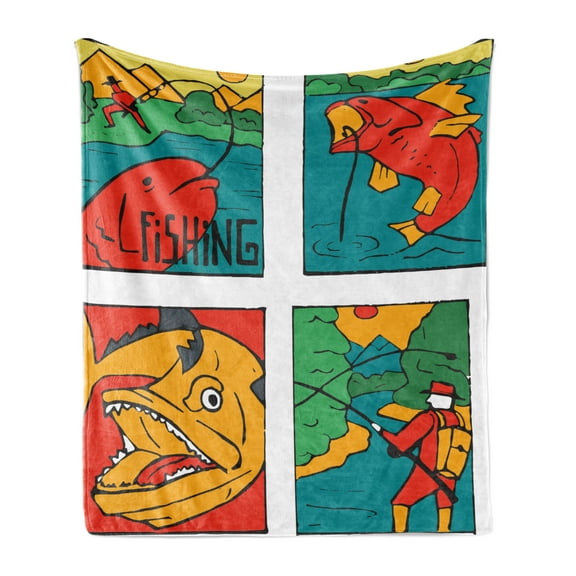 Fishing Soft Flannel Fleece Throw Blanket, Colorful Caricature Cartoon Fish and Fisherman with Rot Nature Themed Print, Cozy Plush for Indoor and Outdoor Use, 70" x 90", Multicolor, by Ambesonne