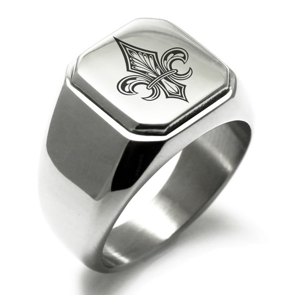 Stainless Steel Knightly Fleur De Lis Engraved Square Flat Top Biker Style Polished Signet Ring