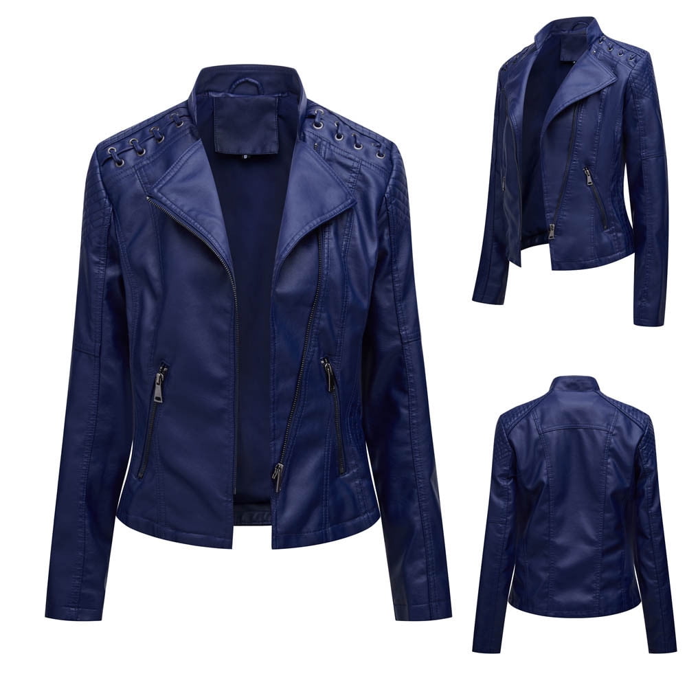 QATAINLAV Women's Faux Leather Moto Jacket Casual Short Solid Color Biker Coat Ladies Zip Up Open Front Lapel Motorcycle Outwear with Pockets Navy XL