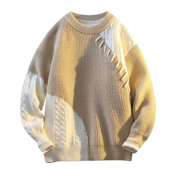 Alkepwun Men's Round Neck Patchwork Stretch knitted Sweater Pullover Long Sleeve Color Blocked Sweater Coat