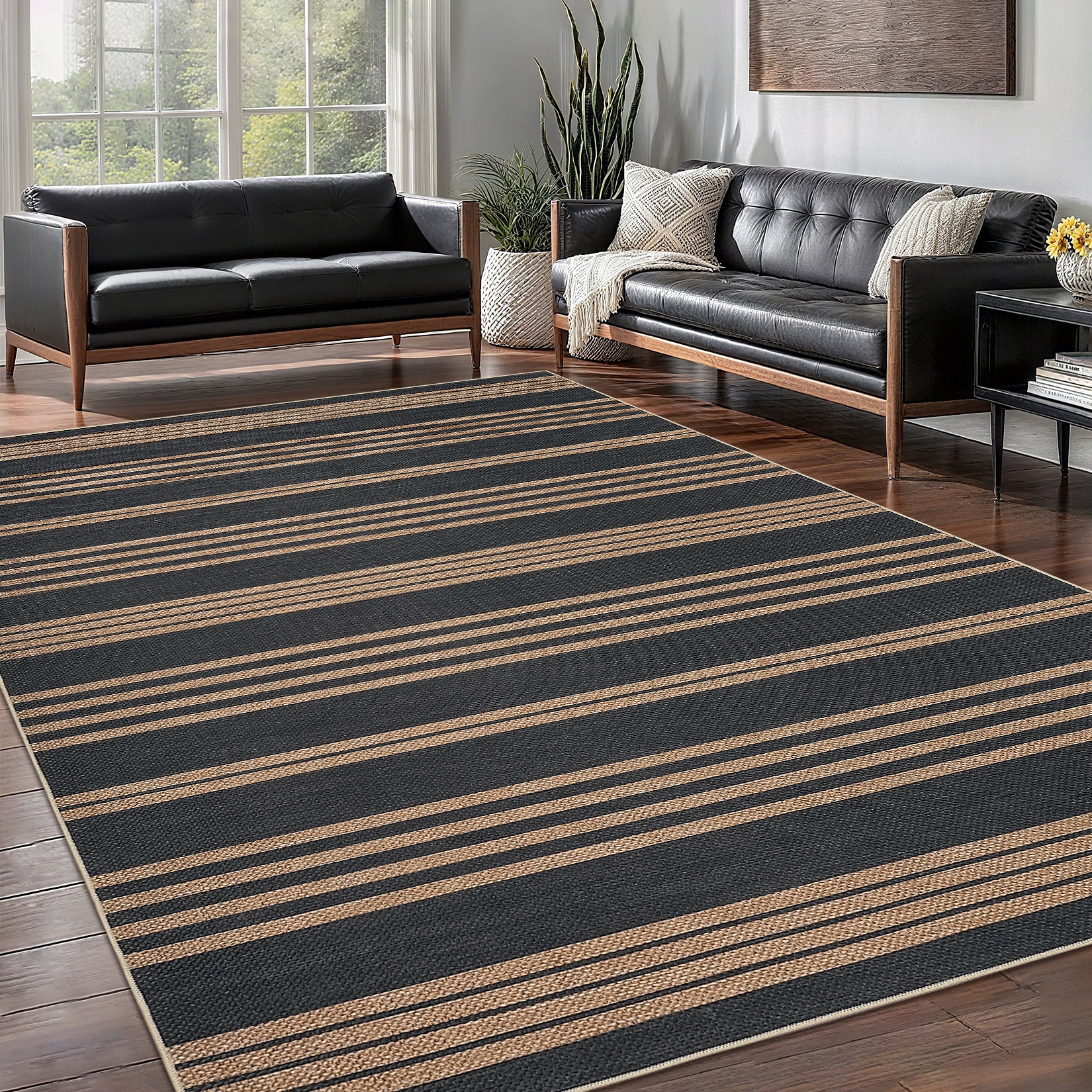 Garvee 4'x6' Modern Striped Area Rugs Easy Jute Rug with Non-Slip Backing, Washable Rug Neutral Print Indoor Outdoor Carpet for Bedroom Living Room Patio, Black Coffee