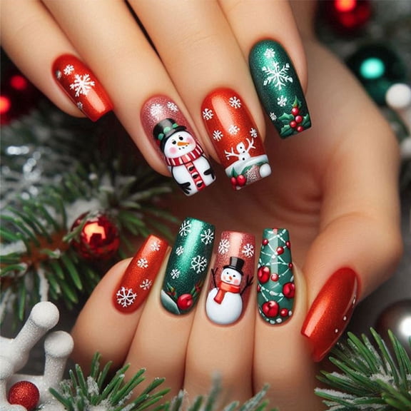 24Pcs Christmas Press on Nails Short, Red Green Festive Spooky Fake Nails Set, Reusable False Nails for Holiday Party Daily Wear Women Girls, Christmas Nail Art