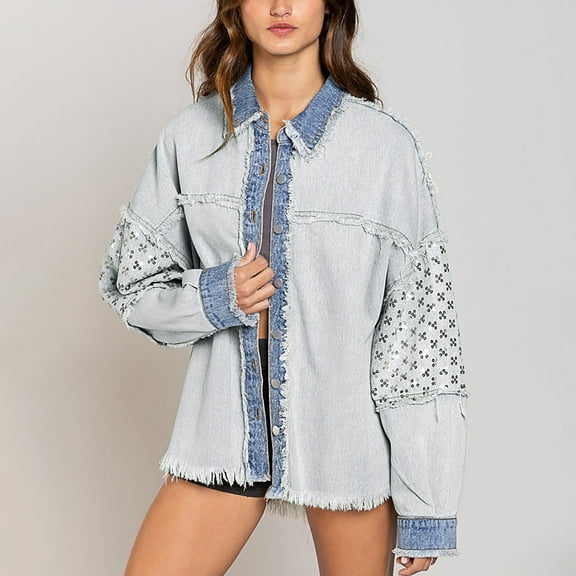 Lilgiuy Ladies Casual Fashion Lapel Sequined Tassel Washed Jacket Denim Jacket for Party Bar Club