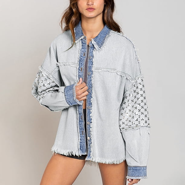 Puntoco Ladies Casual Fashion Lapel Lentejuelas Tassel Washed Jacket Denim Jacket Liquidación Puntoco Puntoco-6761