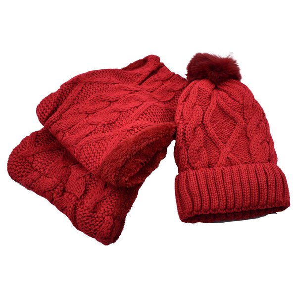 Bonnet Doublé de Fourrure pour Femmes avec Pompon et Foulard