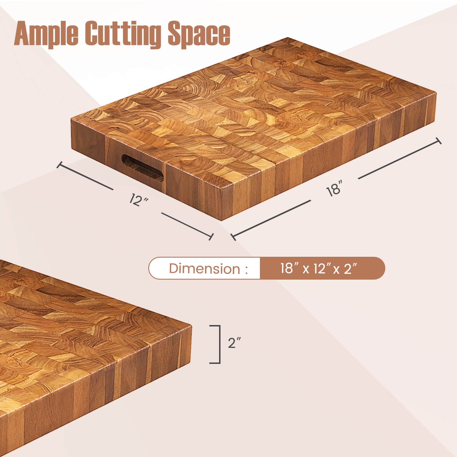 Costway End Grain Cutting Board 18" Teak Wood Chopping Block with Hand Grip