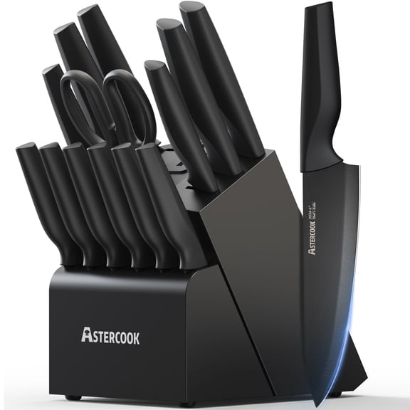 Astercook 15-Piece Kitchen Knife Set with Block & Built-in Sharpener, Stainless Steel Knives Set with Anti-Rust Coating, Ultra Sharp & Rust Resistant Kitchen Knives, Dishwasher Safe Black