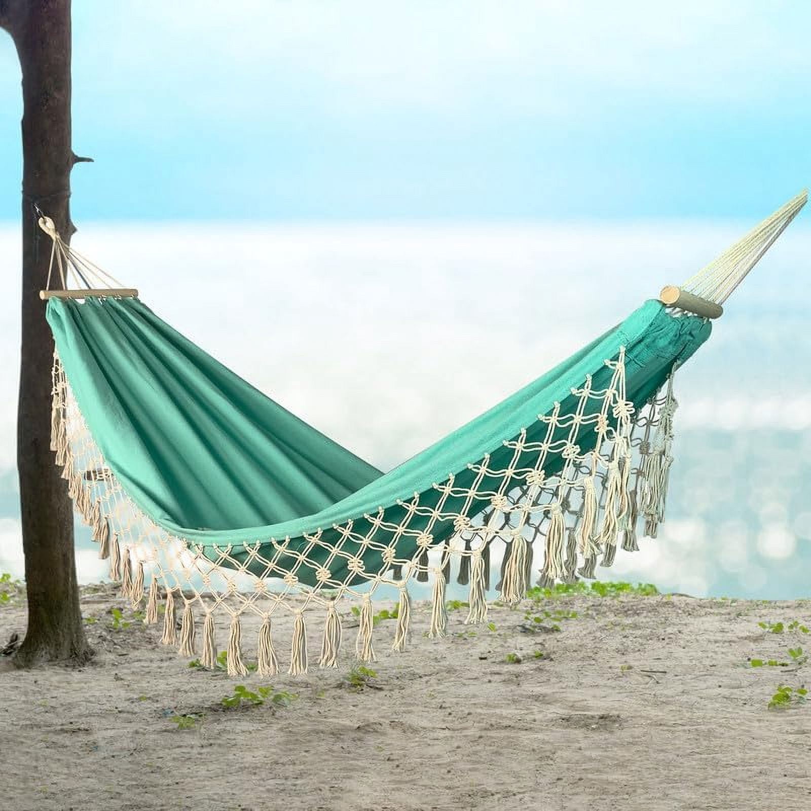 SHANNA Boho Hammock Camping Tassel Hammock for Patio, Yard, Beach Wedding Decor, Outdoor and Indoor, Hanging Hammock Swing,Green