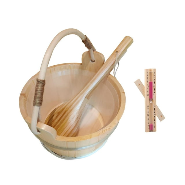 Cubo de sauna y ,Sauna Cubo Y Baño Madera Natural,Sauna Tradicional SPA Baño Accesorios ,Cuchara de agua para el hogar hecha de madera de pino de de Cola Cubo de sauna y cucharón