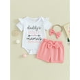 thumbnail image 2 of Baby Girl Summer Outfits Letter Print Short Sleeve Rompers Bowknot Shorts Headband 3Pcs Clothes Set, 2 of 8