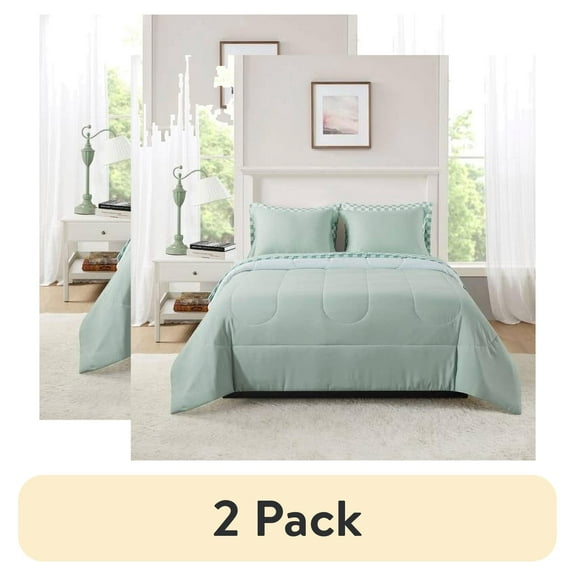 (2 pack) Mainstays 7-Piece Reversible Bed in a Bag Comforter Set with Sheets, Sage, Queen