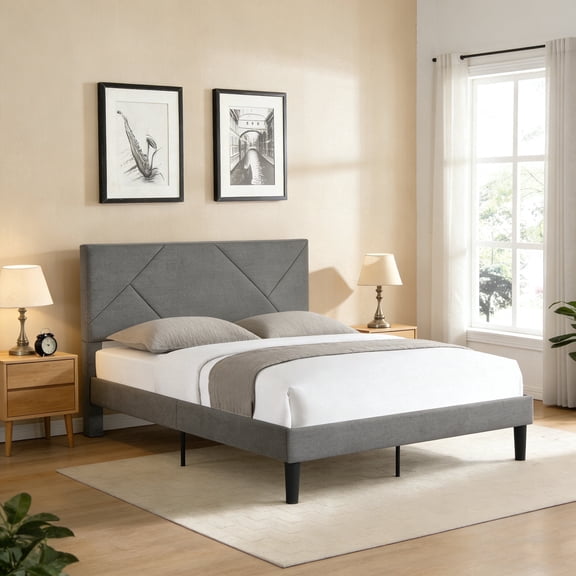 ASINMAK Full Size Upholstered Platform Bed Frame with Fabric Headboard, Wooden Slats, and No Box Spring Design, Grey