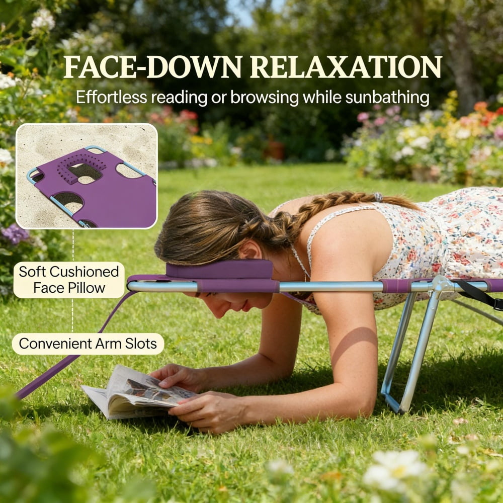 Outdoor Folding Lounge Chair 5-Position Adjustable Backrest Face Cavity & Arm Slots Sunbathing Lounger with Side Pocket Carry Strap for Beach Pool Patio
