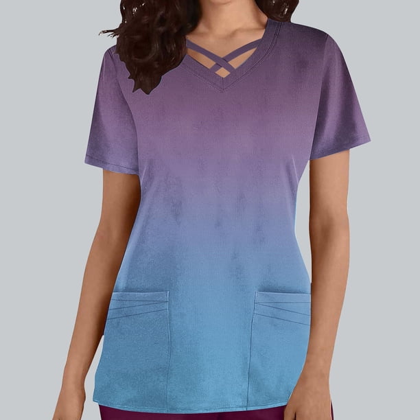 Puntoco Top de lactancia informal de manga corta con escote en V y bolsillo con degradado de color para mujer