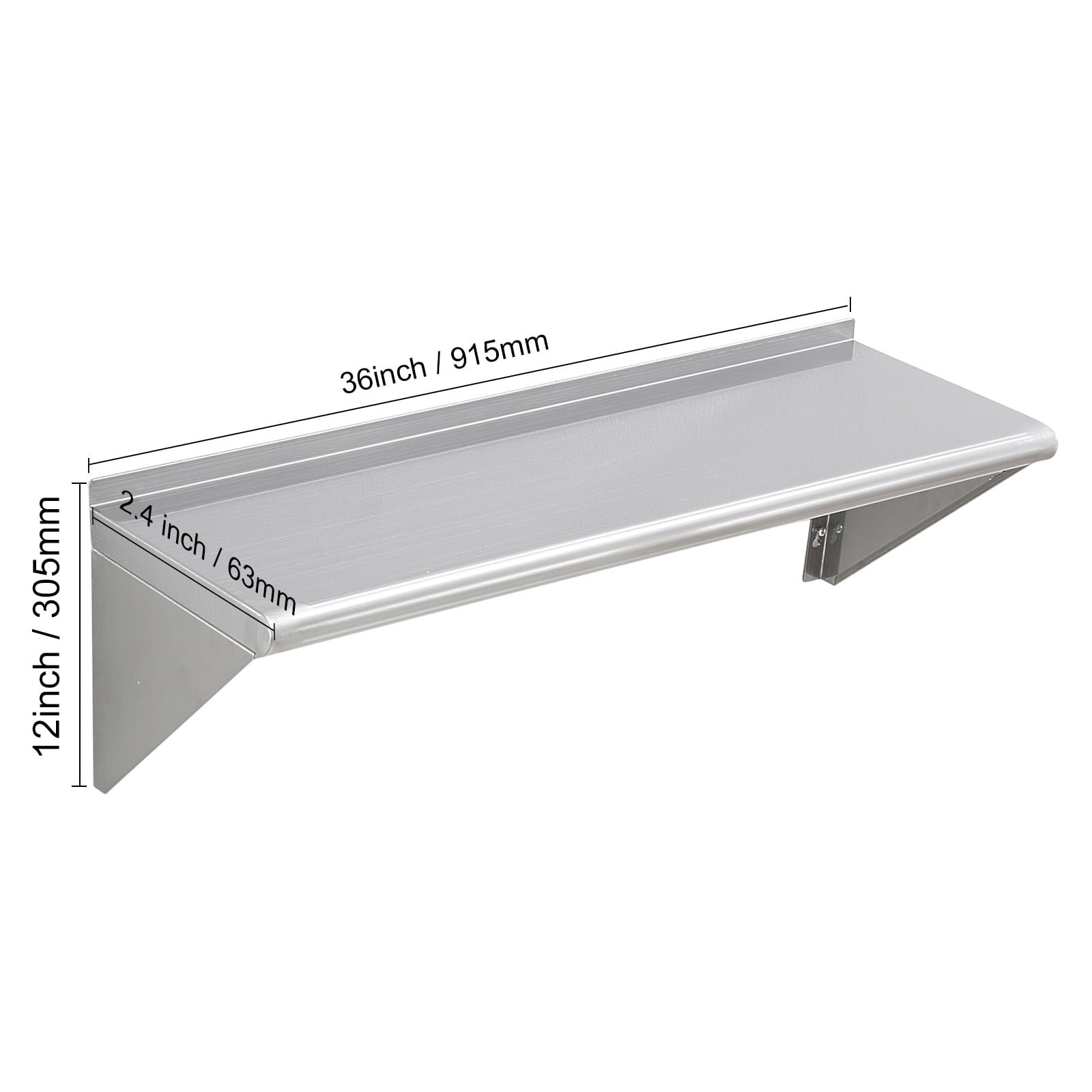 VEVOR 12" x 36" Stainless Steel Shelf, Wall Mounted Floating Shelving with Brackets, 250 lbs Load Capacity Commercial Shelves, Heavy Duty Storage Rack for Restaurant, Kitchen, Bar, Home, and Hotel