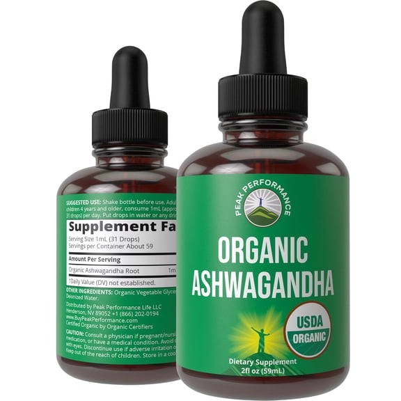 Peak Performance Organic Ashwagandha Liquid Drops for Stress Relief and Anxiety Support – Extra Strength Adaptogen Tincture, Vegan, Non-GMO – 2 oz