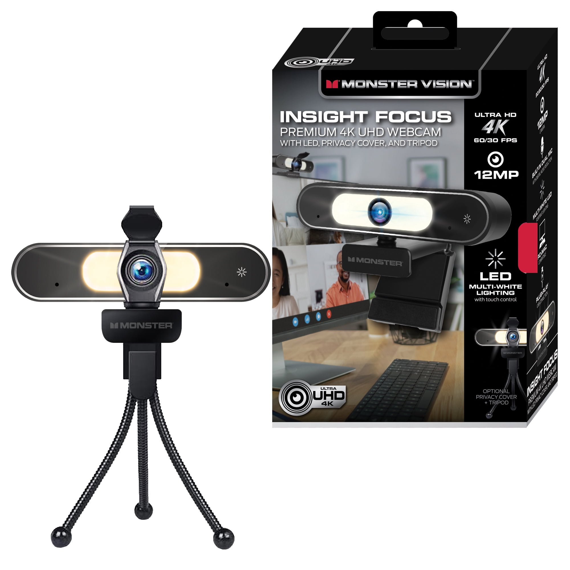 Monster LED 4K Premium 12MP Ultra HD LED Webcam Insight Focus Microphone Privacy Cover Flexible Tripod