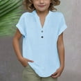 thumbnail image 2 of Lenpel Girls Boys' Cotton Linen Shirts Short Sleeve V Neck Quarter Button Tunic T Shirts Summer Casual Tee Tops 4-14 Y, 2 of 6
