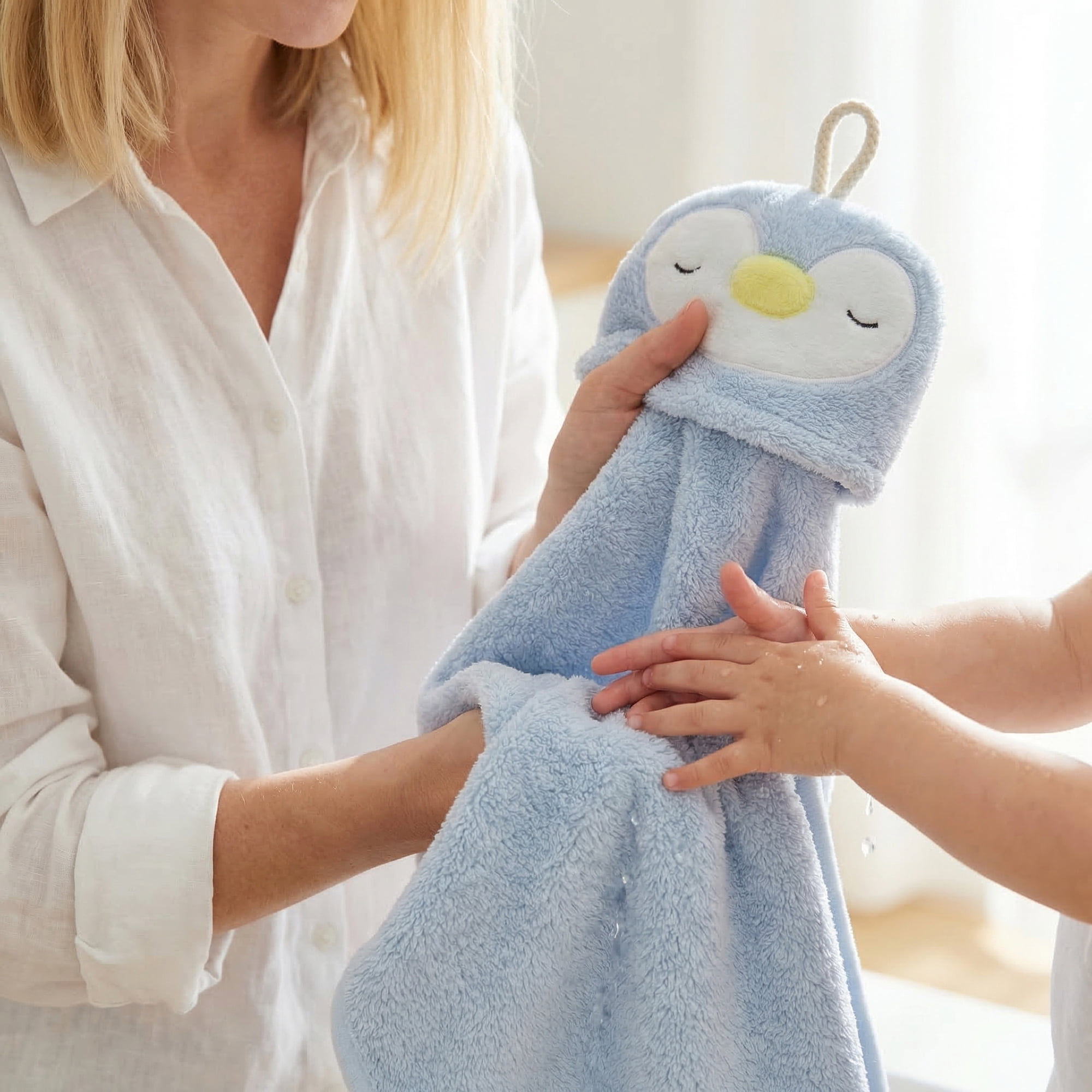Unique Bargains Animal Hanging Soft Absorbent Hand Towel Blue Penguins/Grey Shiba 15" x 8"