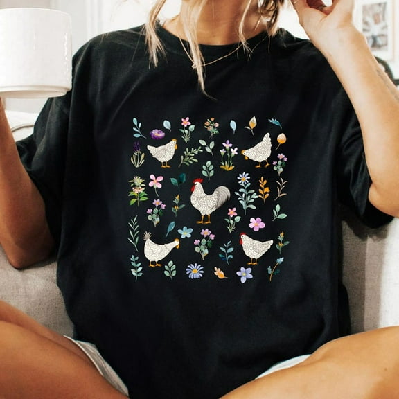 Wildflower Chicken T-shirt, Funny Ladies Chicken Shirt, Retro Chicken Lover Shirt, Floral Mom Shirt TH240513